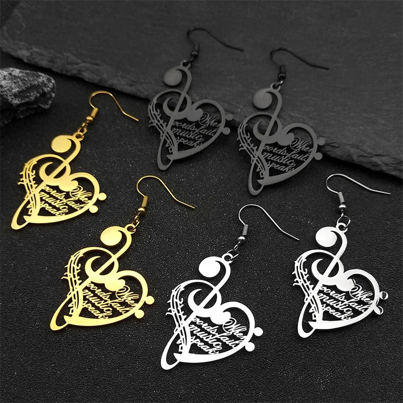 Boucles d'oreilles pendantes en acier inoxydable pour femmes et hommes, Note de musique d'amour, couleur or argent, cœur, amoureux de la musique, bijoux à la mode