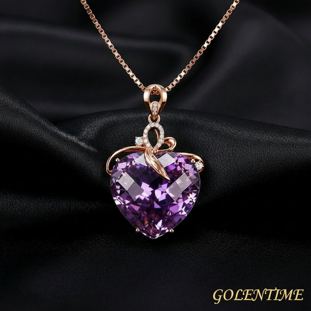 Collier pendentif en améthyste en forme de cœur de luxe pour femme, quartz violet, or 8K, pierres précieuses, bijoux en bronze blanc