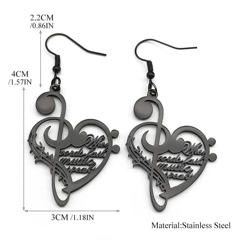 Boucles d'oreilles pendantes en acier inoxydable pour femmes et hommes, Note de musique d'amour, couleur or argent, cœur, amoureux de la musique, bijoux à la mode