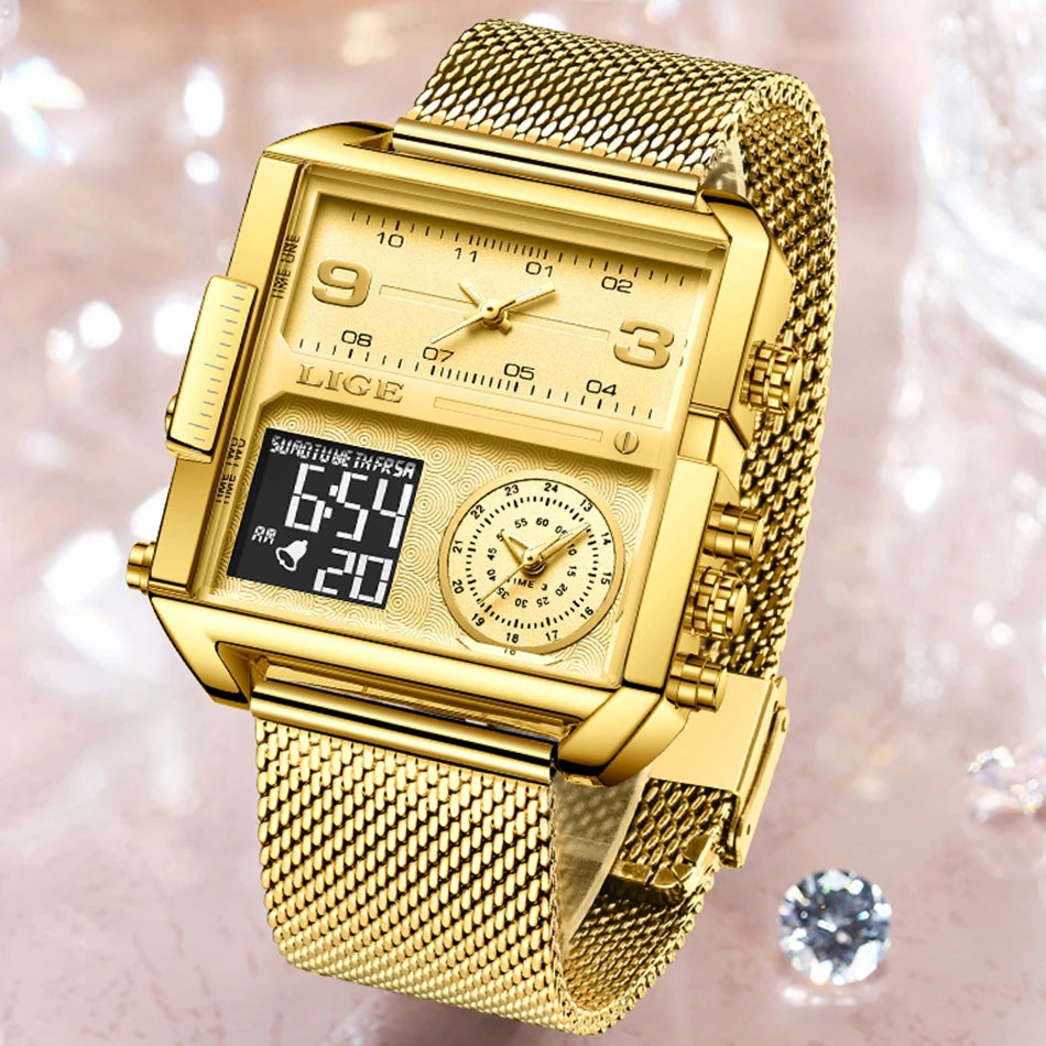 55_LIGE 2024 mode double affichage montre femmes haut de gamme de luxe créatif carré montres dames décontracté montre en or Relogio Feminino
