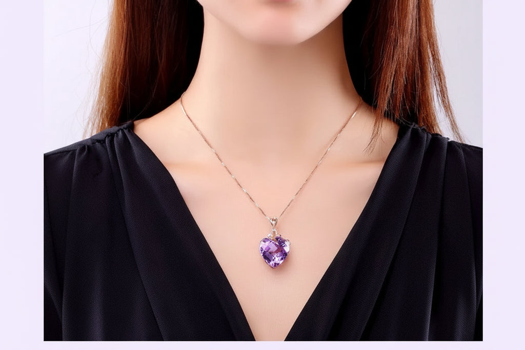 Collier pendentif en améthyste en forme de cœur de luxe pour femme, quartz violet, or 8K, pierres précieuses, bijoux en bronze blanc