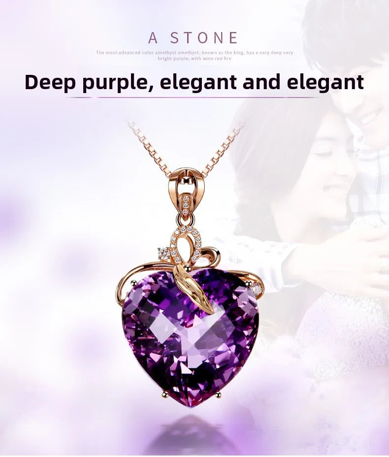 Collier pendentif en améthyste en forme de cœur de luxe pour femme, quartz violet, or 8K, pierres précieuses, bijoux en bronze blanc