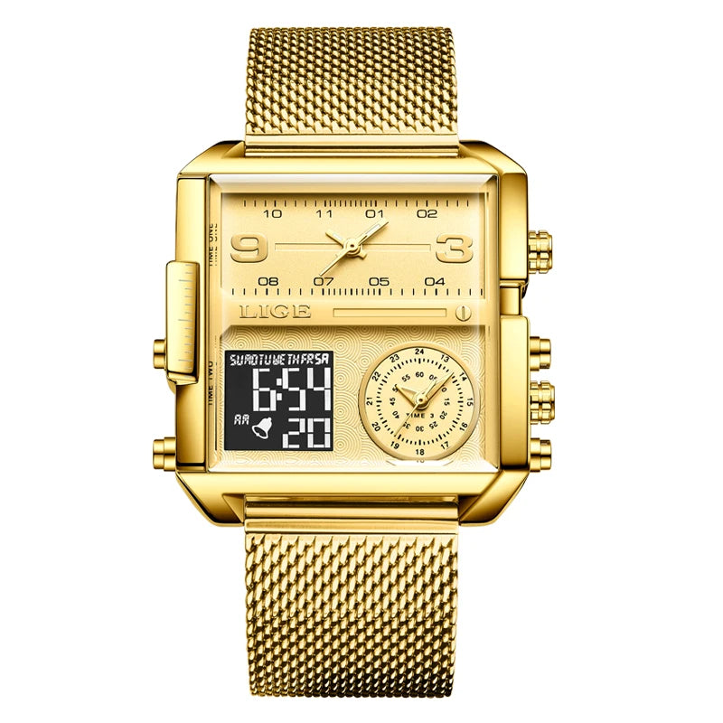 55_LIGE 2024 mode double affichage montre femmes haut de gamme de luxe créatif carré montres dames décontracté montre en or Relogio Feminino