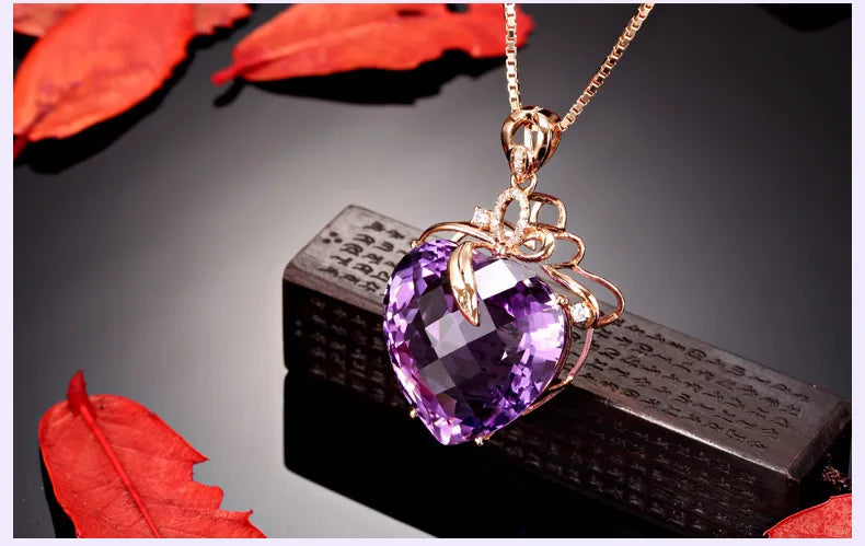 Collier pendentif en améthyste en forme de cœur de luxe pour femme, quartz violet, or 8K, pierres précieuses, bijoux en bronze blanc