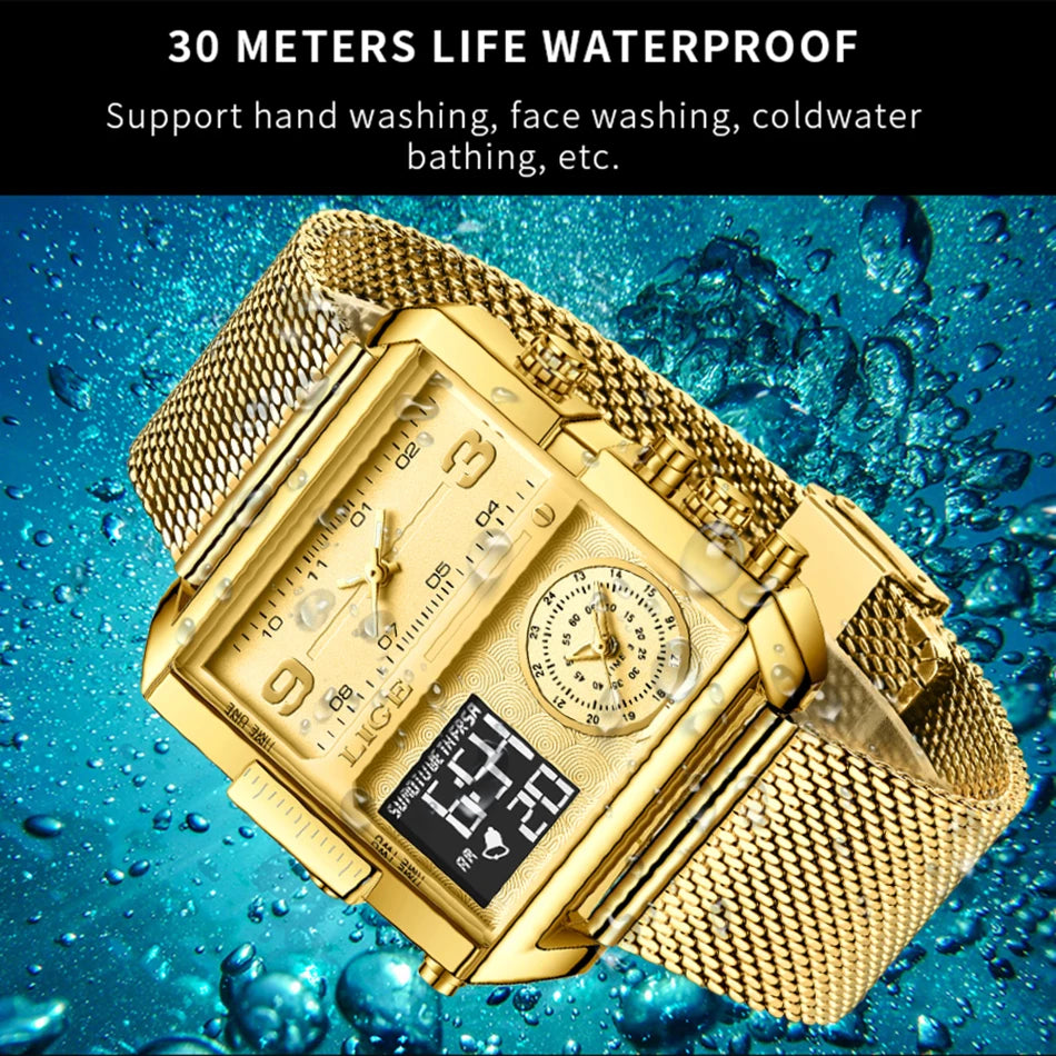 55_LIGE 2024 mode double affichage montre femmes haut de gamme de luxe créatif carré montres dames décontracté montre en or Relogio Feminino