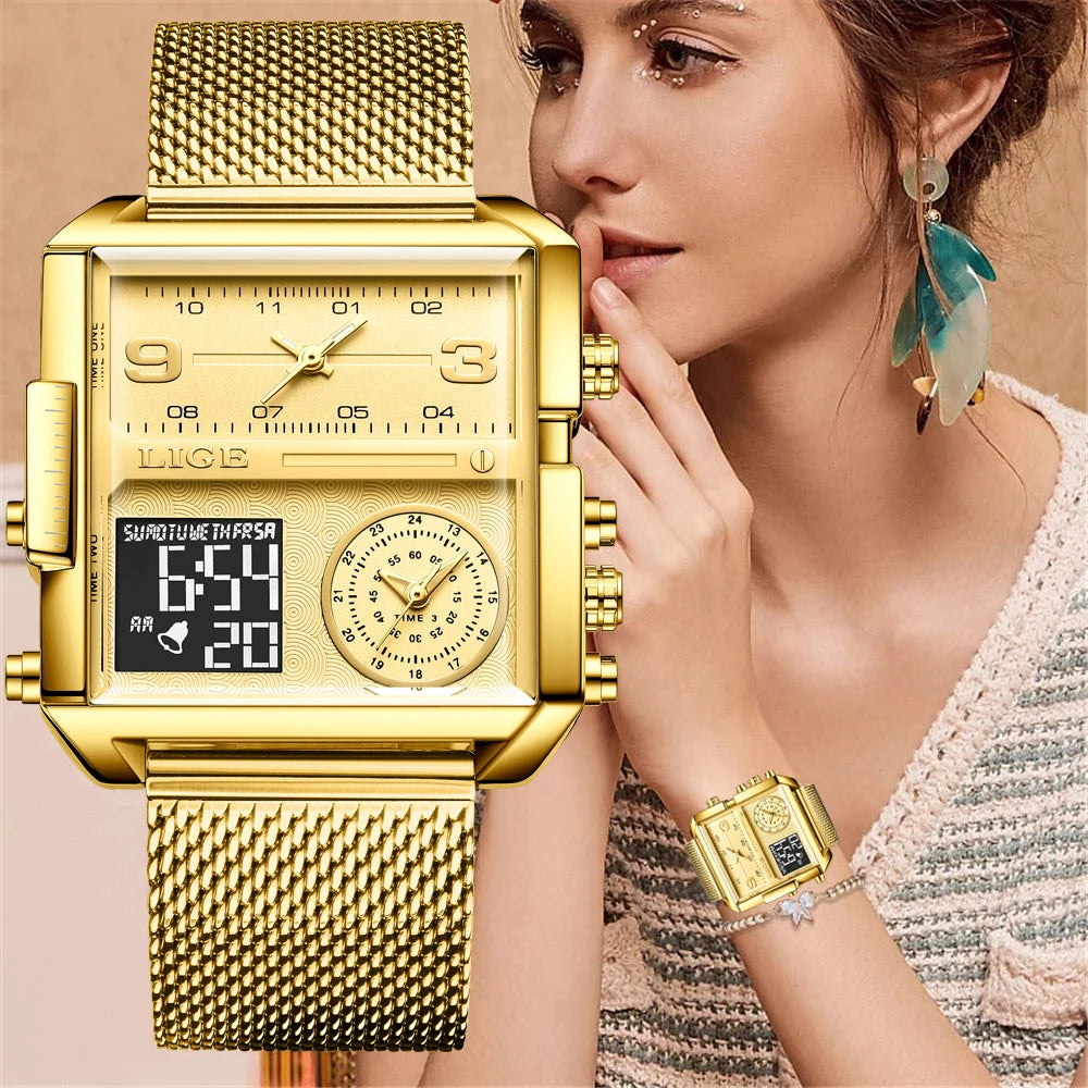 55_LIGE 2024 mode double affichage montre femmes haut de gamme de luxe créatif carré montres dames décontracté montre en or Relogio Feminino
