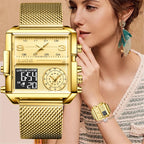 55_LIGE 2024 mode double affichage montre femmes haut de gamme de luxe créatif carré montres dames décontracté montre en or Relogio Feminino