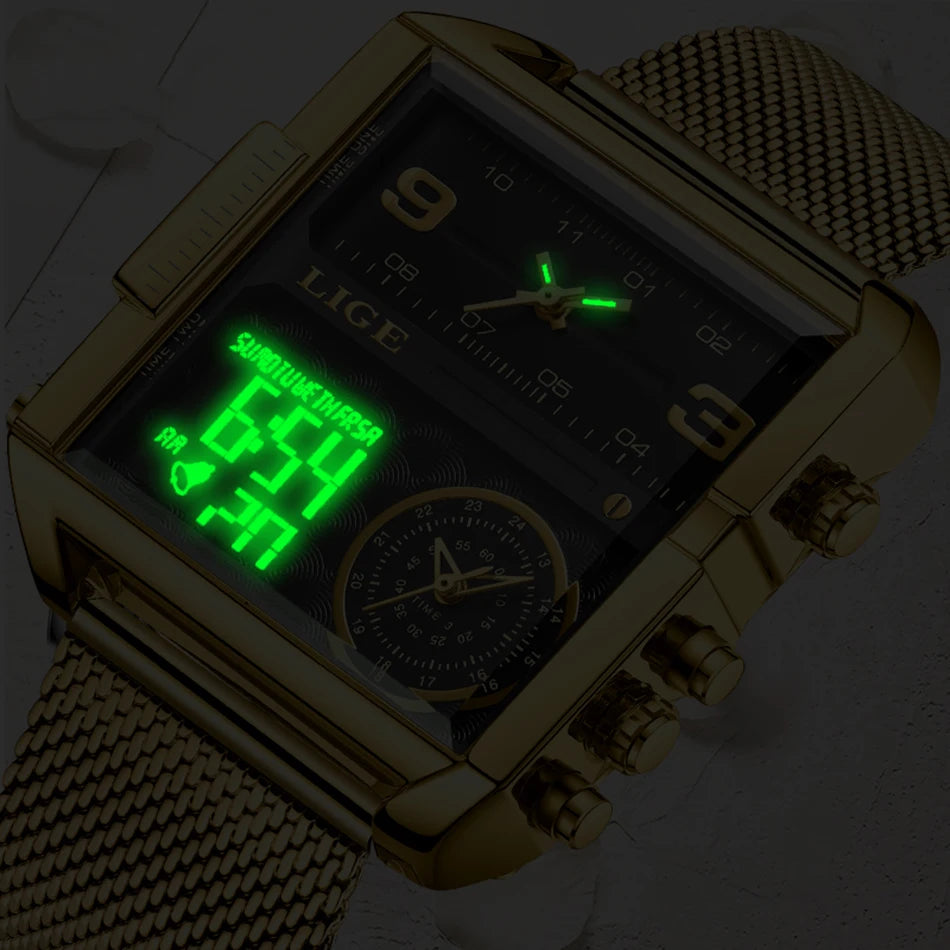 55_LIGE 2024 mode double affichage montre femmes haut de gamme de luxe créatif carré montres dames décontracté montre en or Relogio Feminino