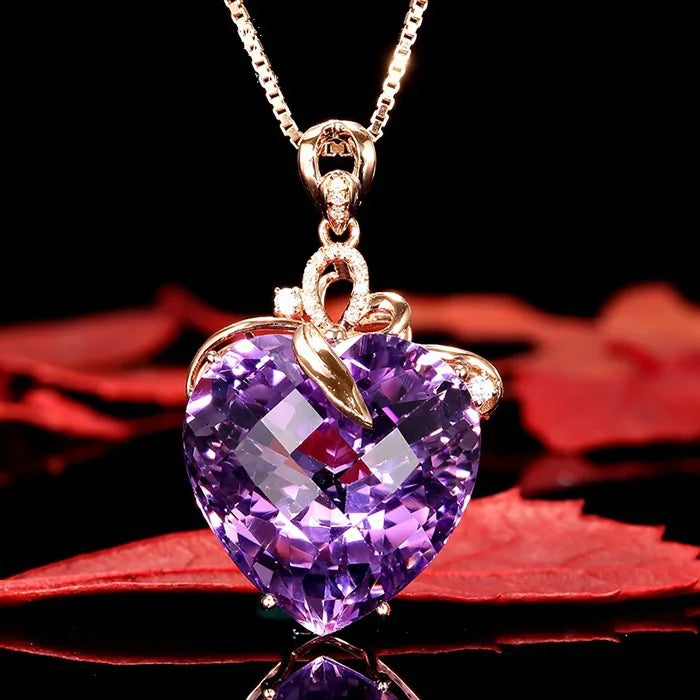 Collier pendentif en améthyste en forme de cœur de luxe pour femme, quartz violet, or 8K, pierres précieuses, bijoux en bronze blanc