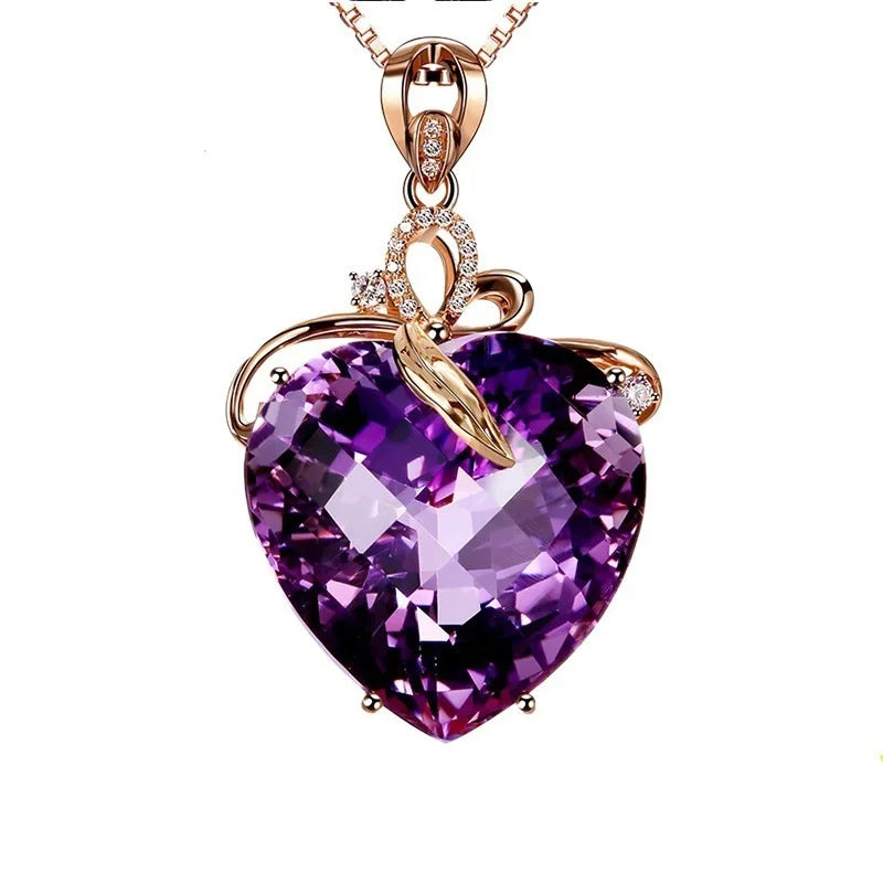 WOSIKATE luxe en forme de coeur améthyste pendentif collier femmes 925 argent plaqué 18K or Rose chaîne collier bijoux de mode