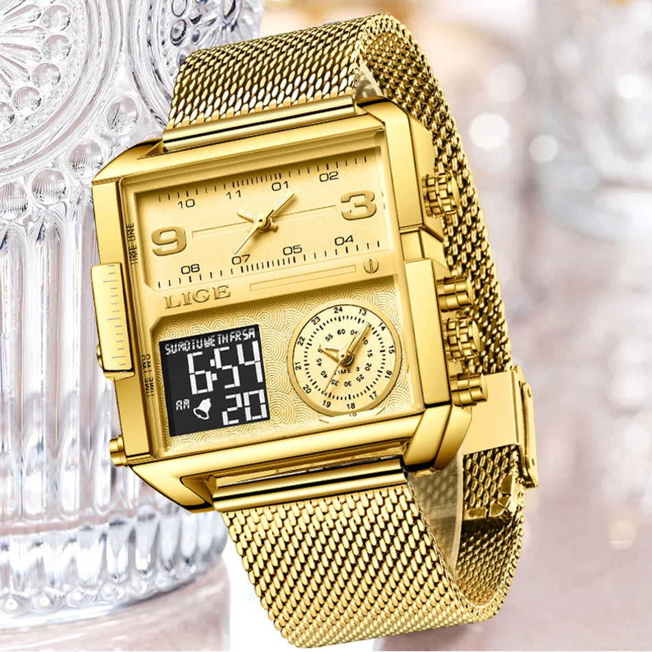 55_LIGE 2024 mode double affichage montre femmes haut de gamme de luxe créatif carré montres dames décontracté montre en or Relogio Feminino