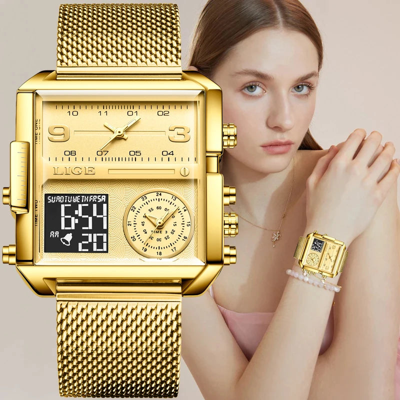 55_LIGE 2024 mode double affichage montre femmes haut de gamme de luxe créatif carré montres dames décontracté montre en or Relogio Feminino