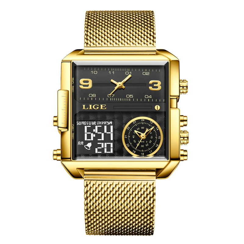 55_LIGE 2024 mode double affichage montre femmes haut de gamme de luxe créatif carré montres dames décontracté montre en or Relogio Feminino