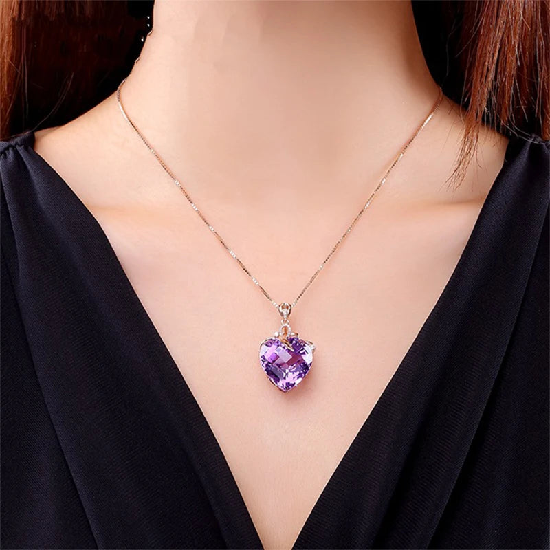 WOSIKATE luxe en forme de coeur améthyste pendentif collier femmes 925 argent plaqué 18K or Rose chaîne collier bijoux de mode