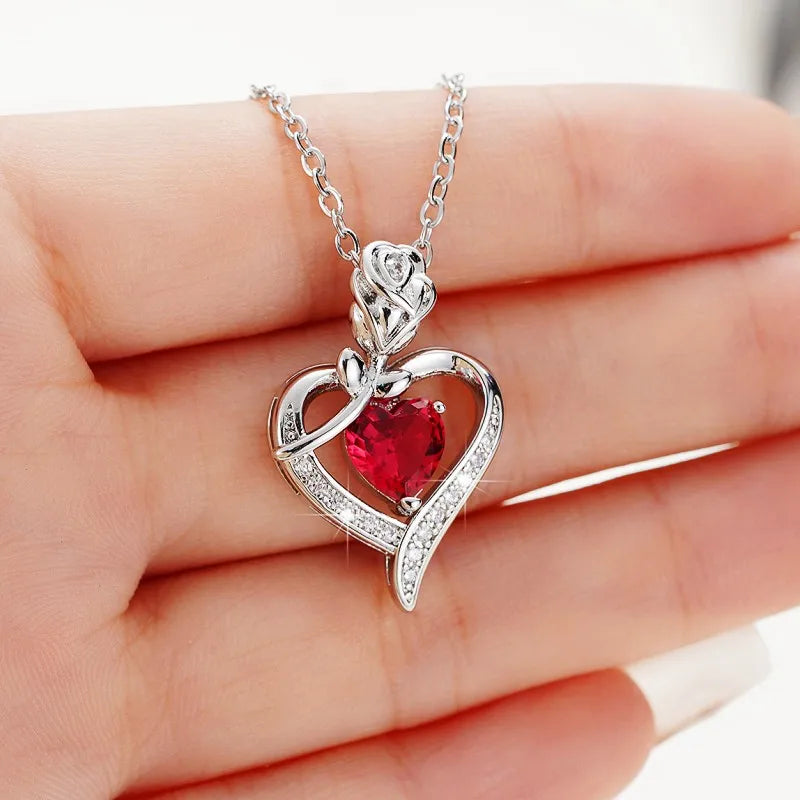 Huitan – collier avec pendentif cœur rouge CZ, avec fleur de Rose, cadeau d'anniversaire pour amoureux/maman, nouveau Design, bijoux pour femmes, fête des mères, 2023