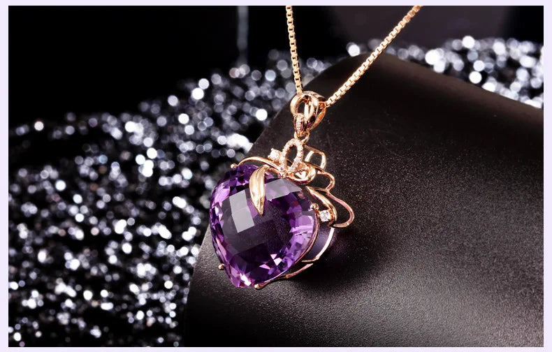 Collier pendentif en améthyste en forme de cœur de luxe pour femme, quartz violet, or 8K, pierres précieuses, bijoux en bronze blanc