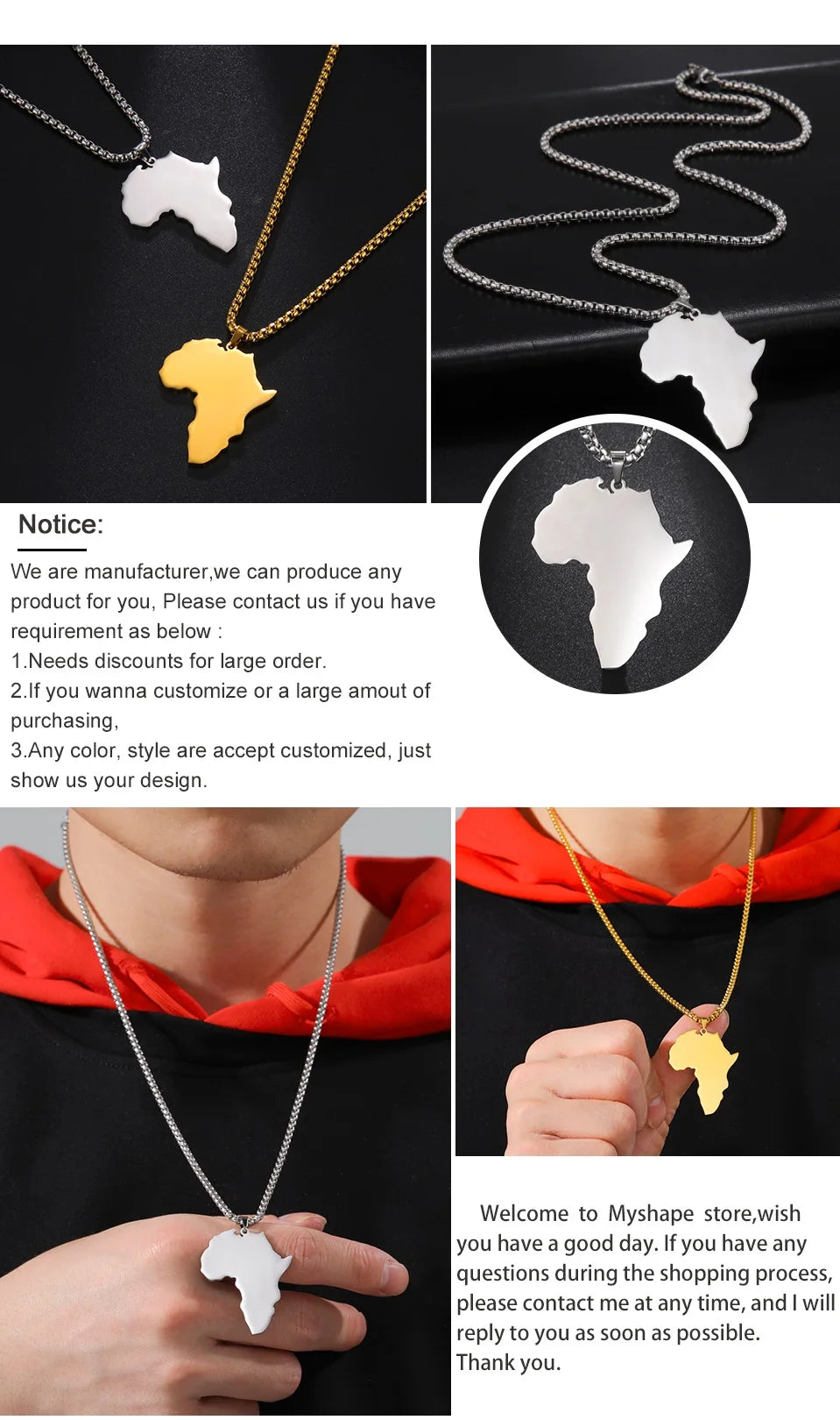 My Shape Colliers de la présidence de la Pmot de la carte de l'Afrique pour hommes et femmes, drapeaux de pays africains, boîte à bijoux en acier inoxydable, cadeau masculin
