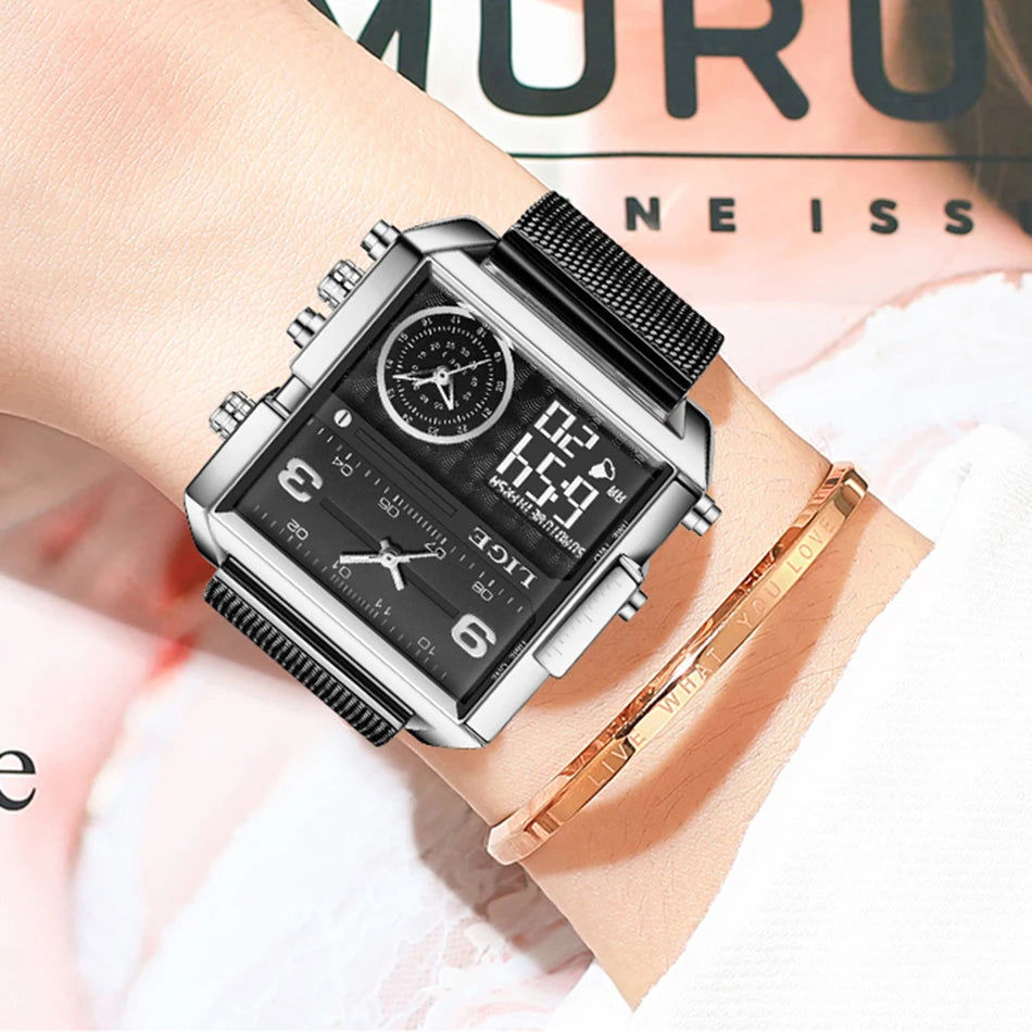 55_LIGE 2024 mode double affichage montre femmes haut de gamme de luxe créatif carré montres dames décontracté montre en or Relogio Feminino