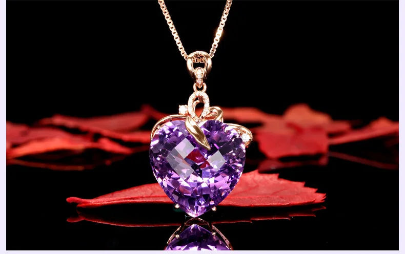 Collier pendentif en améthyste en forme de cœur de luxe pour femme, quartz violet, or 8K, pierres précieuses, bijoux en bronze blanc