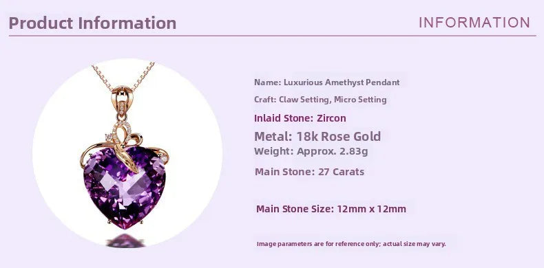 Collier pendentif en améthyste en forme de cœur de luxe pour femme, quartz violet, or 8K, pierres précieuses, bijoux en bronze blanc