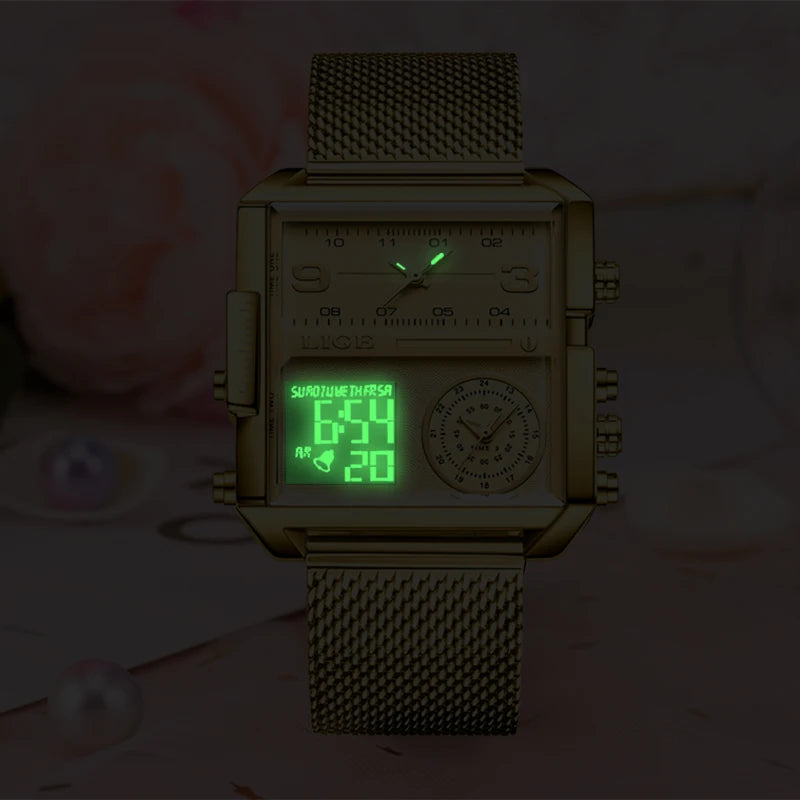 55_LIGE 2024 mode double affichage montre femmes haut de gamme de luxe créatif carré montres dames décontracté montre en or Relogio Feminino