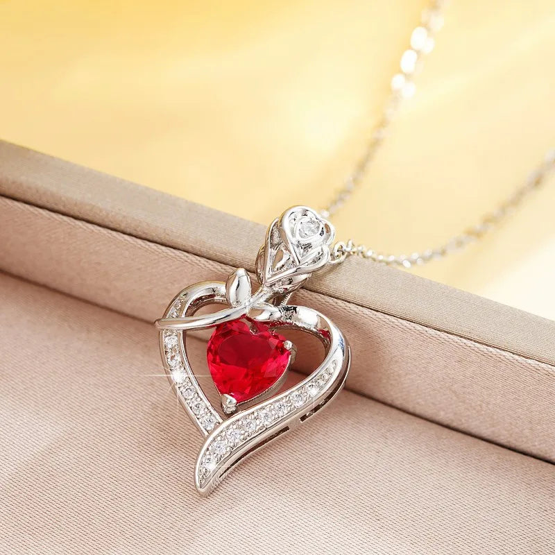 Huitan – collier avec pendentif cœur rouge CZ, avec fleur de Rose, cadeau d'anniversaire pour amoureux/maman, nouveau Design, bijoux pour femmes, fête des mères, 2023