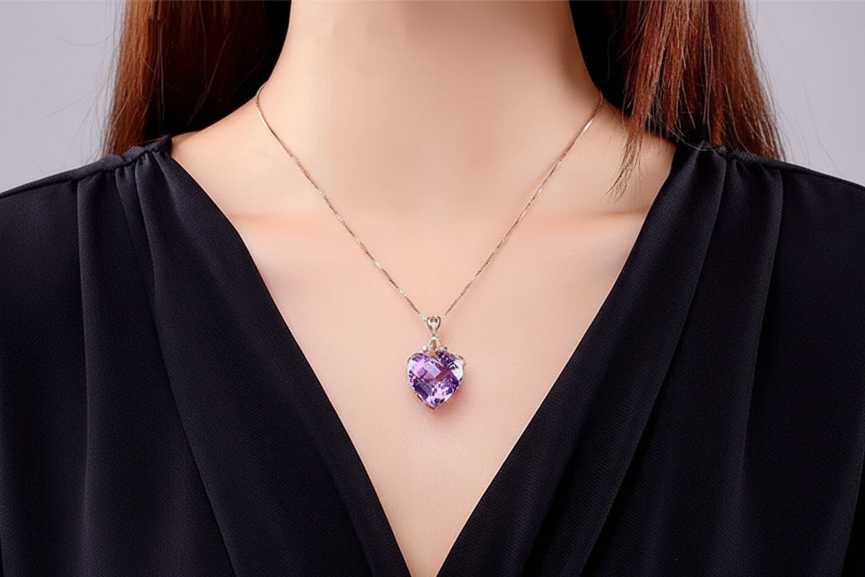 Collier pendentif en améthyste en forme de cœur de luxe pour femme, quartz violet, or 8K, pierres précieuses, bijoux en bronze blanc