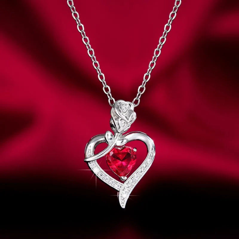 Huitan – collier avec pendentif cœur rouge CZ, avec fleur de Rose, cadeau d'anniversaire pour amoureux/maman, nouveau Design, bijoux pour femmes, fête des mères, 2023