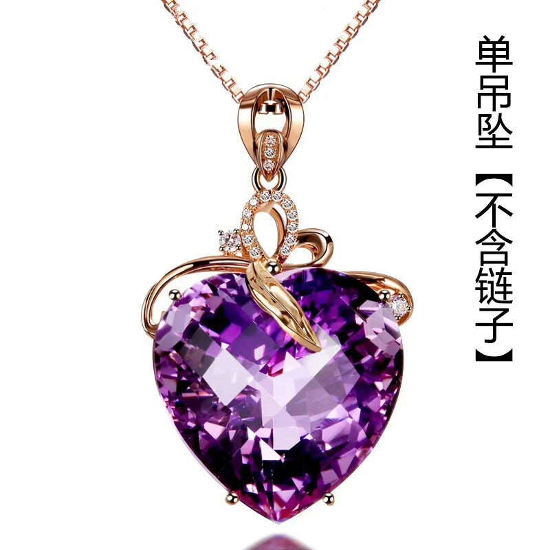 Collier pendentif en améthyste en forme de cœur de luxe pour femme, quartz violet, or 8K, pierres précieuses, bijoux en bronze blanc