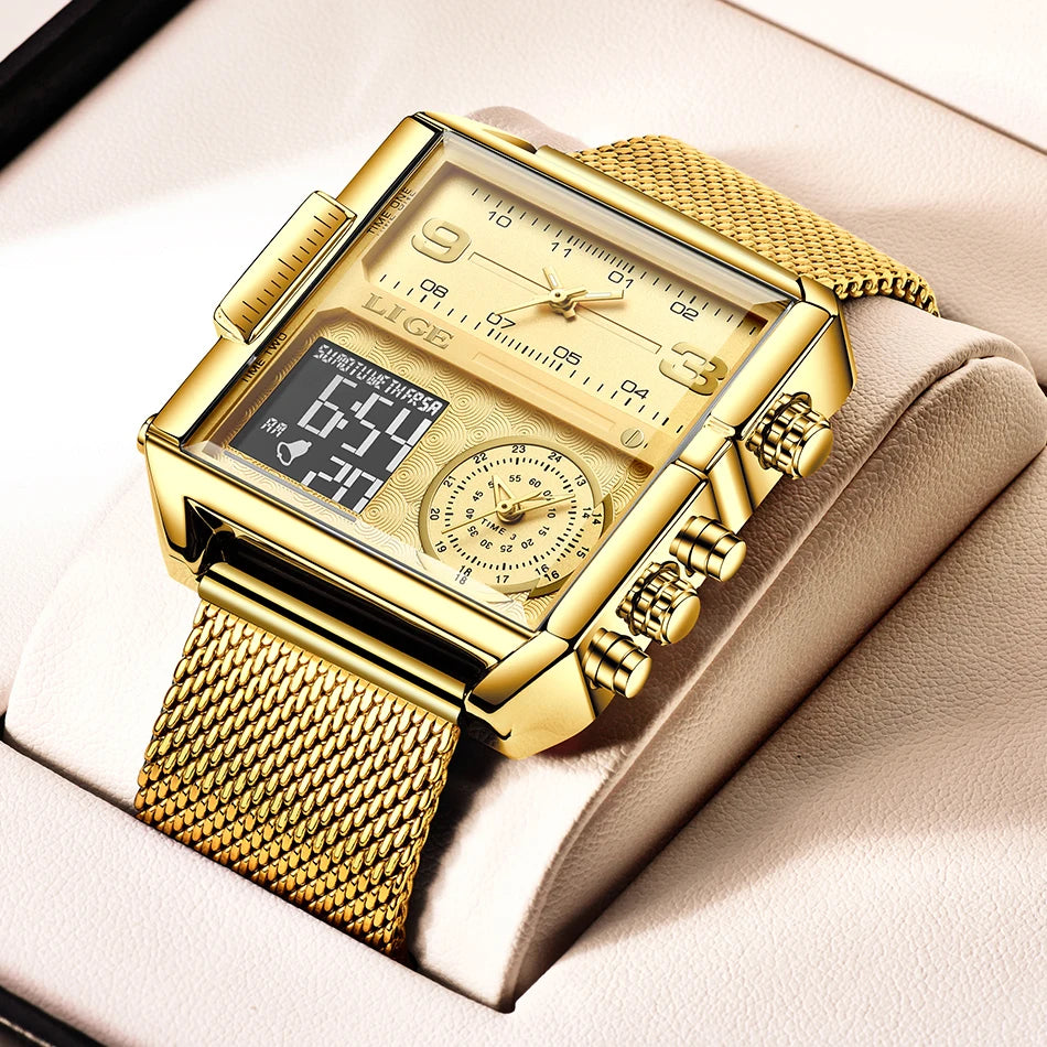 55_LIGE 2024 mode double affichage montre femmes haut de gamme de luxe créatif carré montres dames décontracté montre en or Relogio Feminino