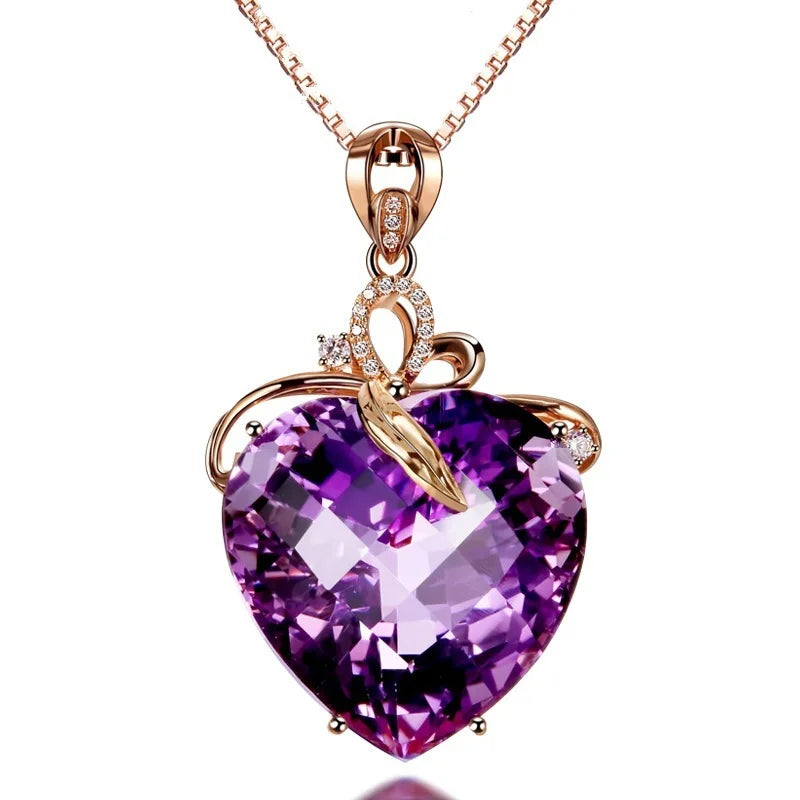 WOSIKATE luxe en forme de coeur améthyste pendentif collier femmes 925 argent plaqué 18K or Rose chaîne collier bijoux de mode