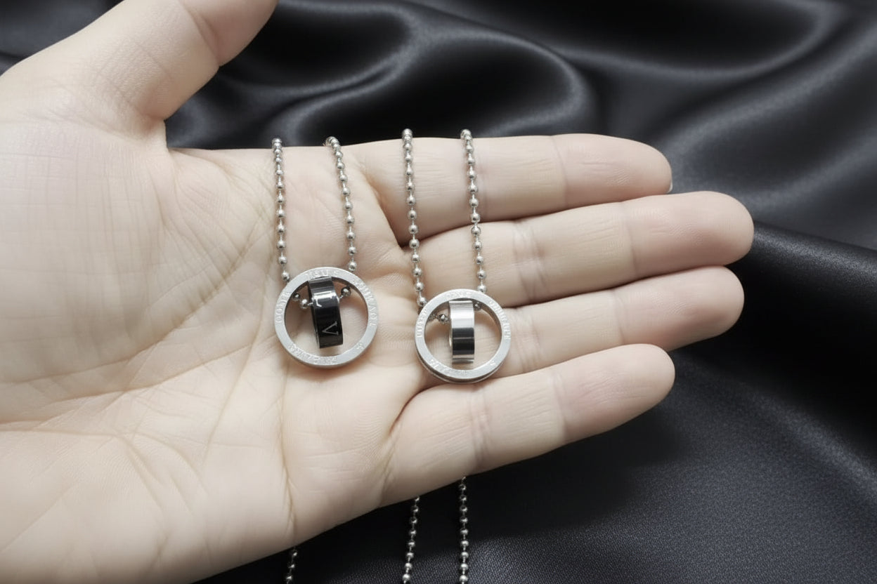 Wholesale Jewelry, Korean-Style Fashionable New Jewelry, Two-Color Double-Ring 201 201 Stainless Steel Couple Necklace