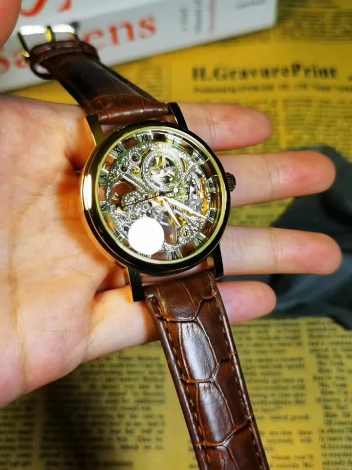 1pc Classic Luxury Golden Skeleton Hand Winding Mechanical Watches for Men Luminous Hands Top Brand Business Casual Retro Watch Festival Birthday Gifts