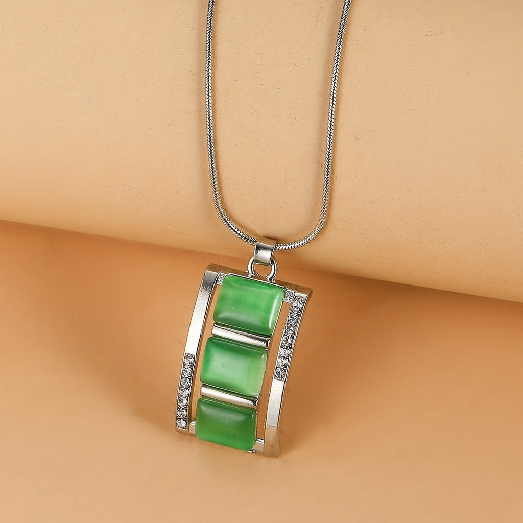 [Birthday Party Ceremony Gift] Women's And Stylish Rectangular Imitation Cat's Eye Stone Necklace And Earrings Jewelry Set, Rhinestone Pendant Earrings Two-Piece Set, Birthday/Party/Ceremony/Accessory Gift