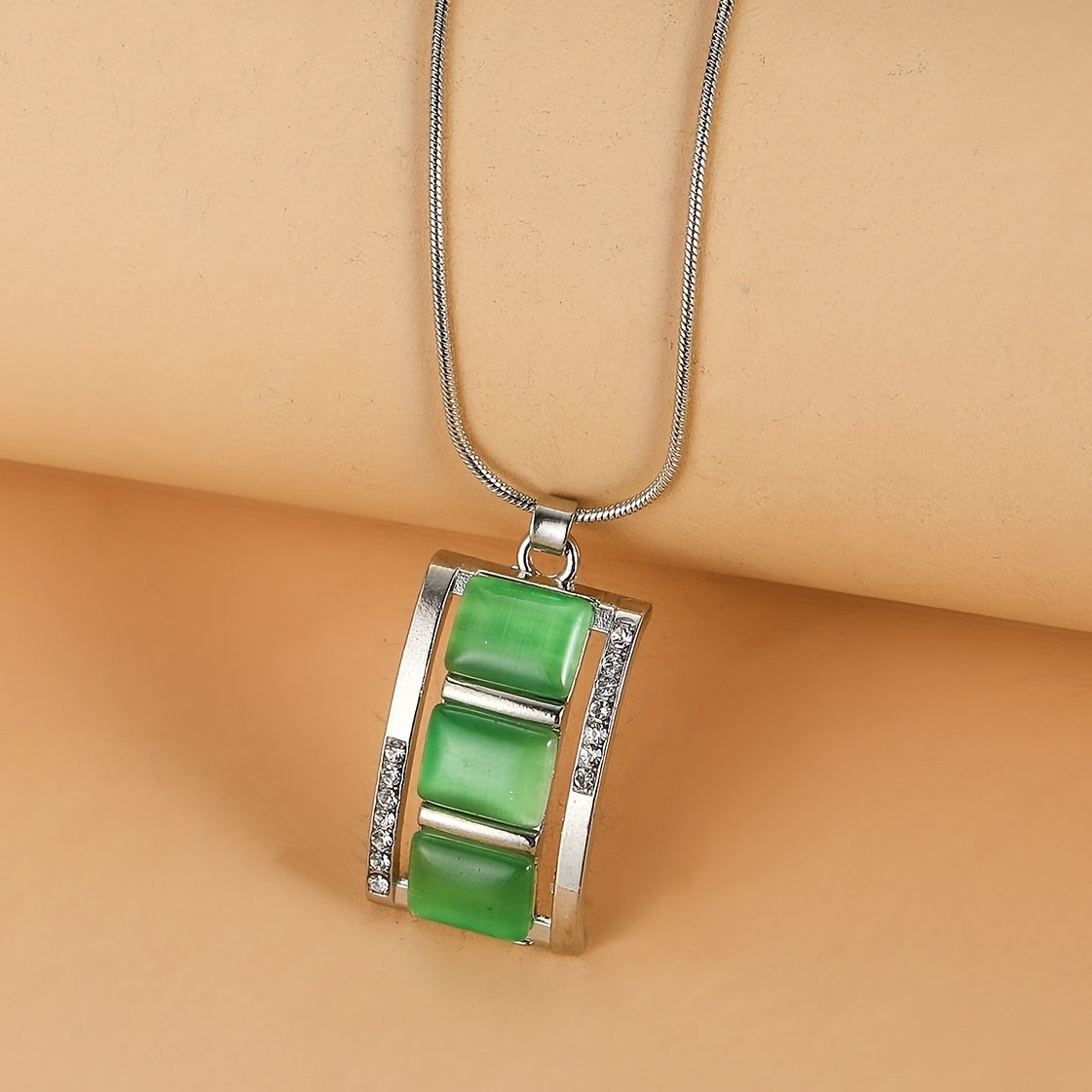 [Birthday Party Ceremony Gift] Women's And Stylish Rectangular Imitation Cat's Eye Stone Necklace And Earrings Jewelry Set, Rhinestone Pendant Earrings Two-Piece Set, Birthday/Party/Ceremony/Accessory Gift