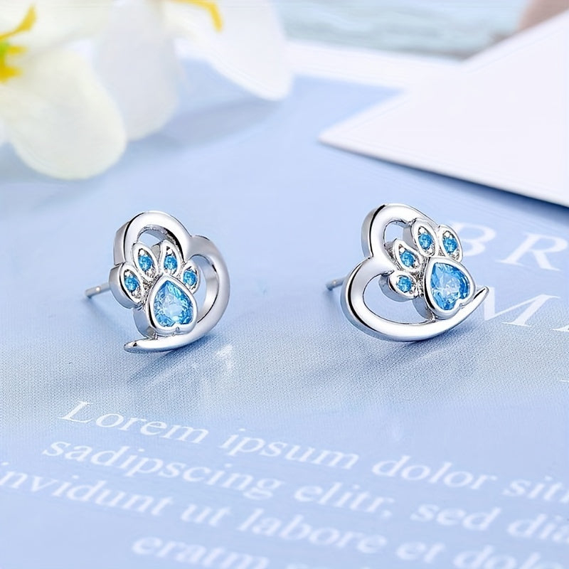 Sterling 925 Silver Hollow Heart Shape Paw Pattern Zirconia Decor Stud Earrings - Hypoallergenic Jewelry for Sensitive Ears - Cute Adorable Female Gift with Shiny Finish