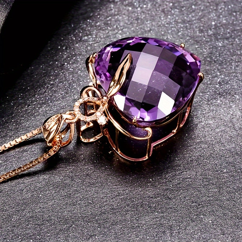 Heart-shaped Amethyst Pendant Necklace, Golden-plated Faux Gemstone Necklace, Creative Party Jewelry, Holiday Birthday Christmas Halloween Gift For Women Mom Family Friends, New Year's Gift