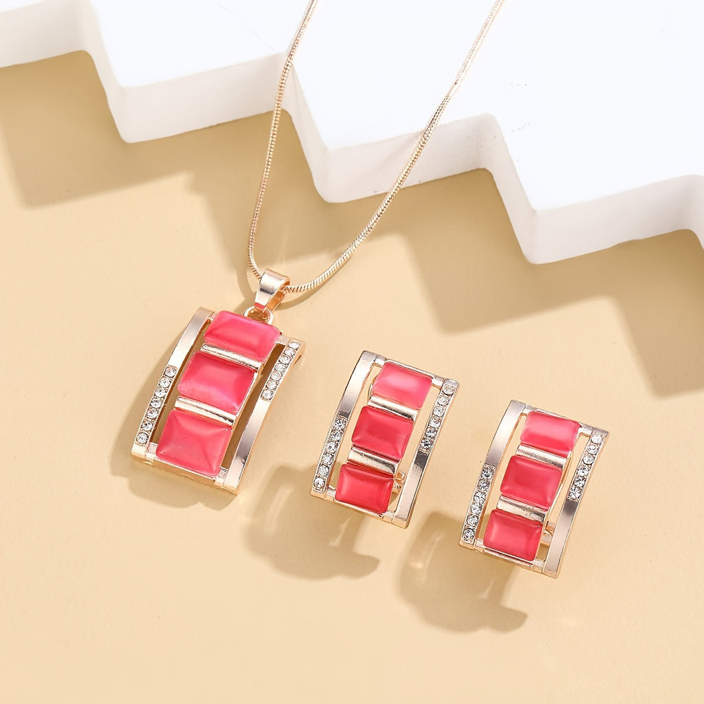[Birthday Party Ceremony Gift] Women's And Stylish Rectangular Imitation Cat's Eye Stone Necklace And Earrings Jewelry Set, Rhinestone Pendant Earrings Two-Piece Set, Birthday/Party/Ceremony/Accessory Gift