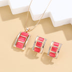 [Birthday Party Ceremony Gift] Women's And Stylish Rectangular Imitation Cat's Eye Stone Necklace And Earrings Jewelry Set, Rhinestone Pendant Earrings Two-Piece Set, Birthday/Party/Ceremony/Accessory Gift