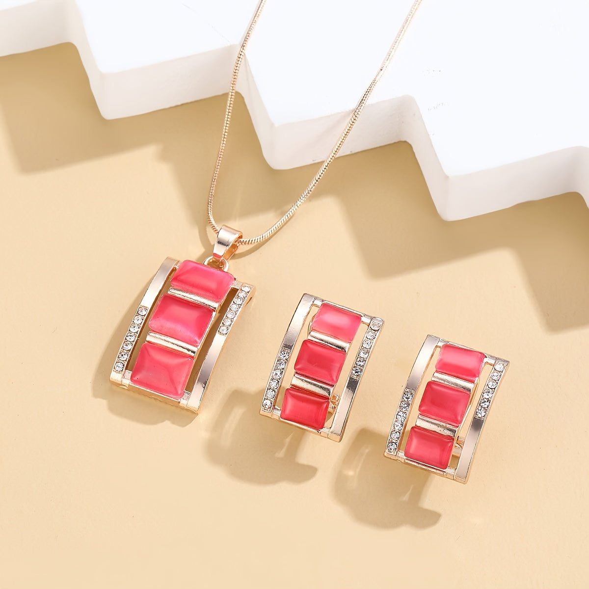 [Birthday Party Ceremony Gift] Women's And Stylish Rectangular Imitation Cat's Eye Stone Necklace And Earrings Jewelry Set, Rhinestone Pendant Earrings Two-Piece Set, Birthday/Party/Ceremony/Accessory Gift