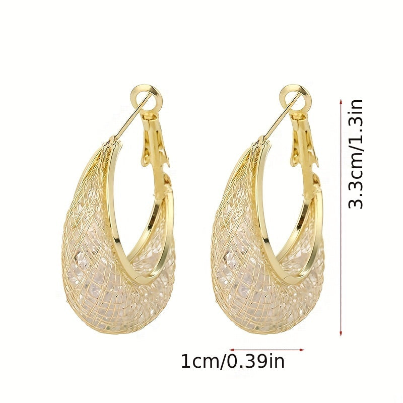 Luxurious 18K Plated Hoop Earrings - Sparkling Mesh Design, Fashionable Women's Jewelry Gift, Hypoallergenic, Nickel-Free, Durable, and Stylish Accessories for Any Occasion