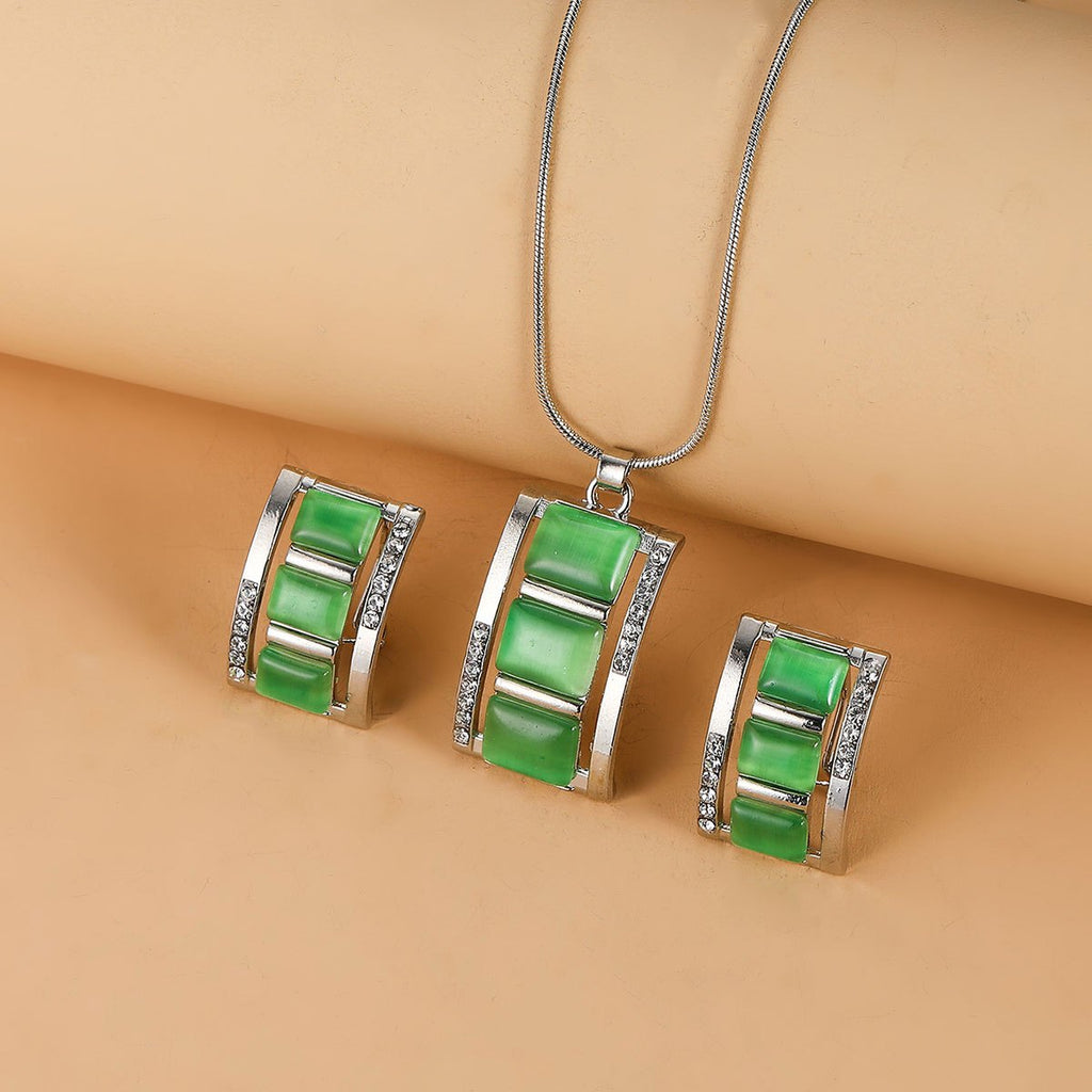 [Birthday Party Ceremony Gift] Women's And Stylish Rectangular Imitation Cat's Eye Stone Necklace And Earrings Jewelry Set, Rhinestone Pendant Earrings Two-Piece Set, Birthday/Party/Ceremony/Accessory Gift