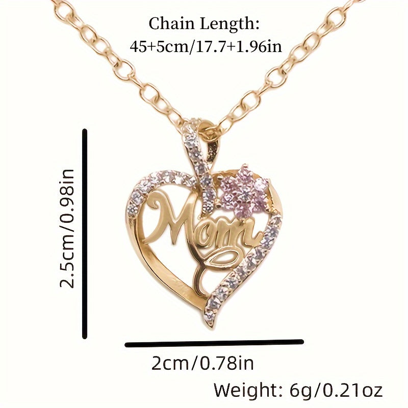 1pc Elegant "Mom" Heart Pendant Necklace with Sparkling Flowers - Golden-Tone Zinc Alloy, Perfect for Birthdays, Anniversaries, and Holidays, Ideal Gift for Moms, Mothers Day Jewelry|Elegant Script Design|Zinc Alloy Necklace,