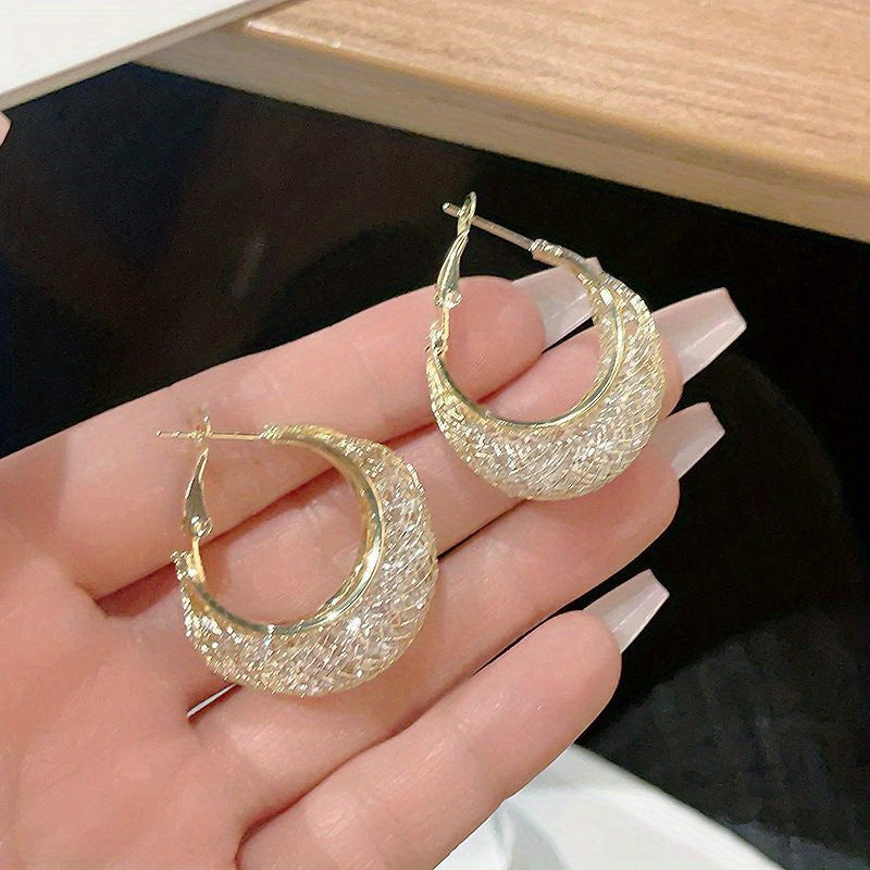 Luxurious 18K Plated Hoop Earrings - Sparkling Mesh Design, Fashionable Women's Jewelry Gift, Hypoallergenic, Nickel-Free, Durable, and Stylish Accessories for Any Occasion