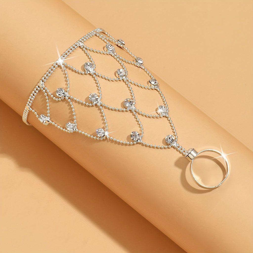 1pc Iced Out Shiny Rhinestone Mesh Finger Ring Bracelet Bling Bling Hand Back Chain Jewelry