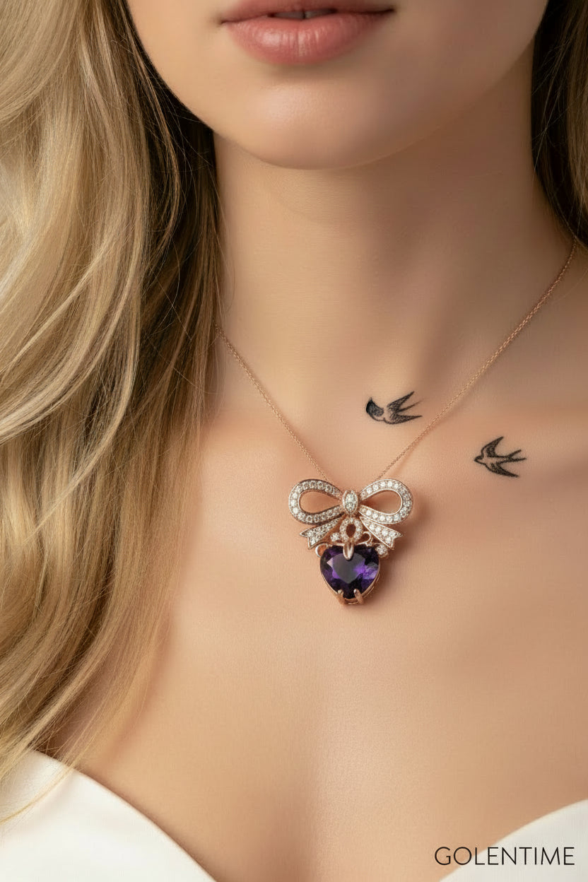 Heart-shaped Amethyst Pendant Necklace, Golden-plated Faux Gemstone Necklace, Creative Party Jewelry, Holiday Birthday Christmas Halloween Gift For Women Mom Family Friends, New Year's Gift