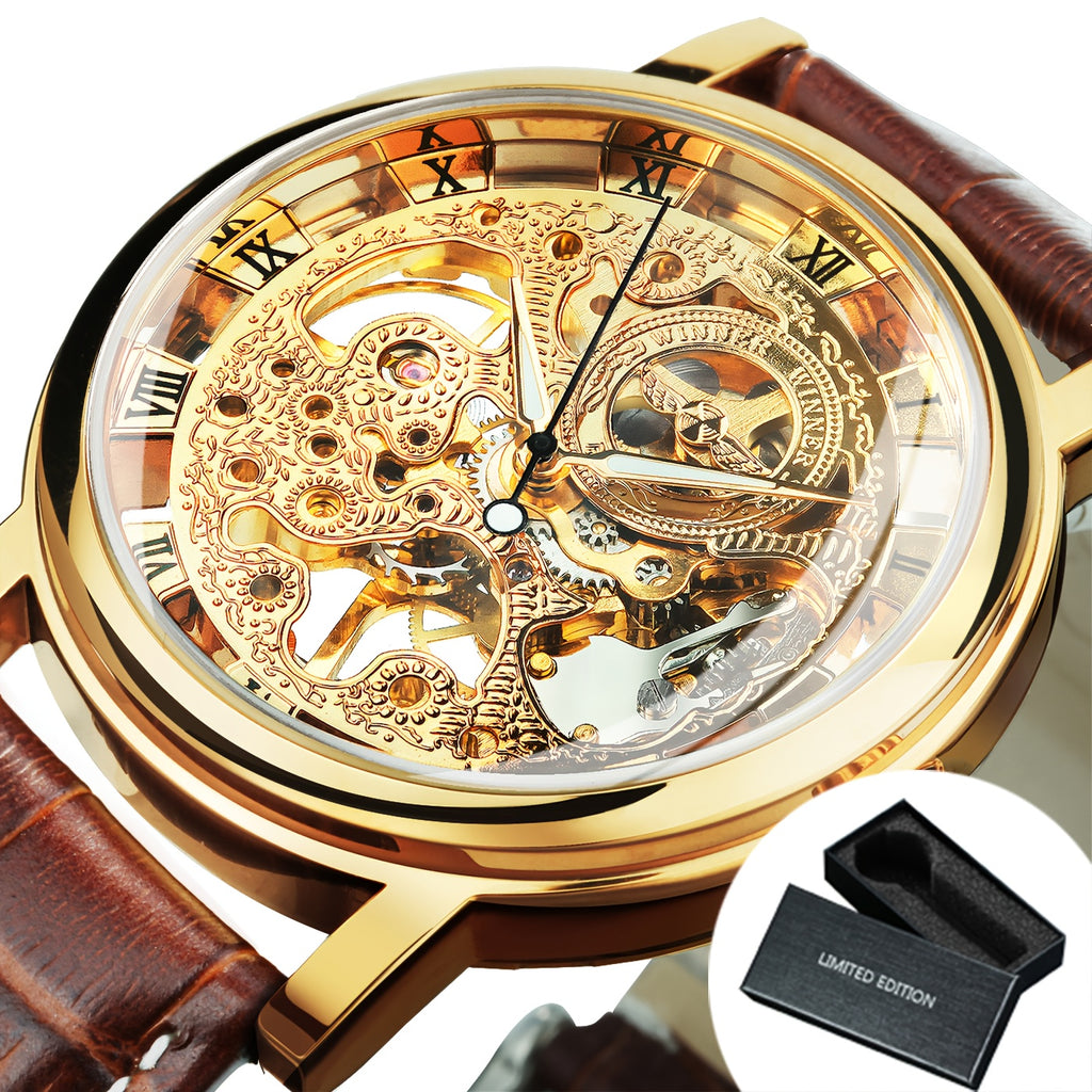 1pc Classic Luxury Golden Skeleton Hand Winding Mechanical Watches for Men Luminous Hands Top Brand Business Casual Retro Watch Festival Birthday Gifts