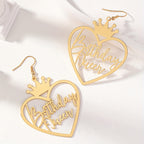 Hollow Golden Heart Birthday Queen Design Dangle Earrings Elegant Simple Style Iron Jewelry Birthday Gift For Friends