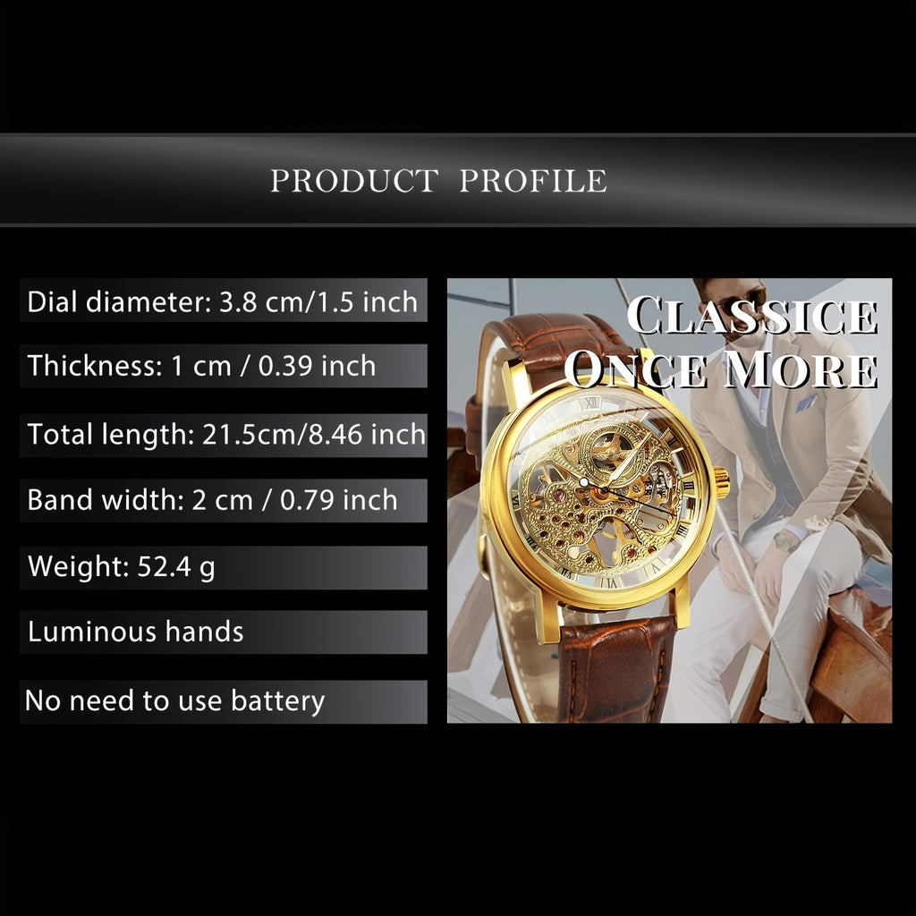 1pc Classic Luxury Golden Skeleton Hand Winding Mechanical Watches for Men Luminous Hands Top Brand Business Casual Retro Watch Festival Birthday Gifts