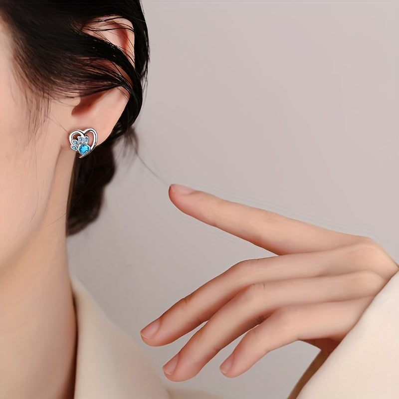 Sterling 925 Silver Hollow Heart Shape Paw Pattern Zirconia Decor Stud Earrings - Hypoallergenic Jewelry for Sensitive Ears - Cute Adorable Female Gift with Shiny Finish